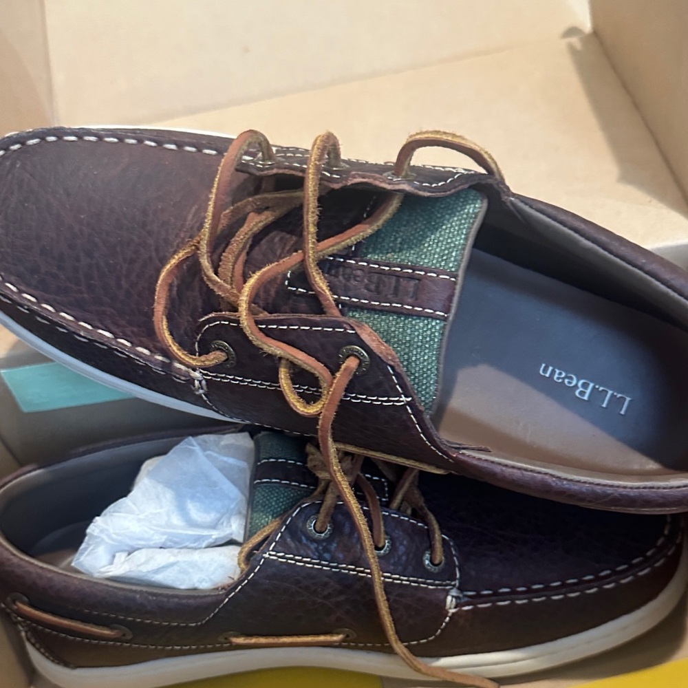 L.L. Bean Men's Brown Leather & Green Canvas Boat Shoes